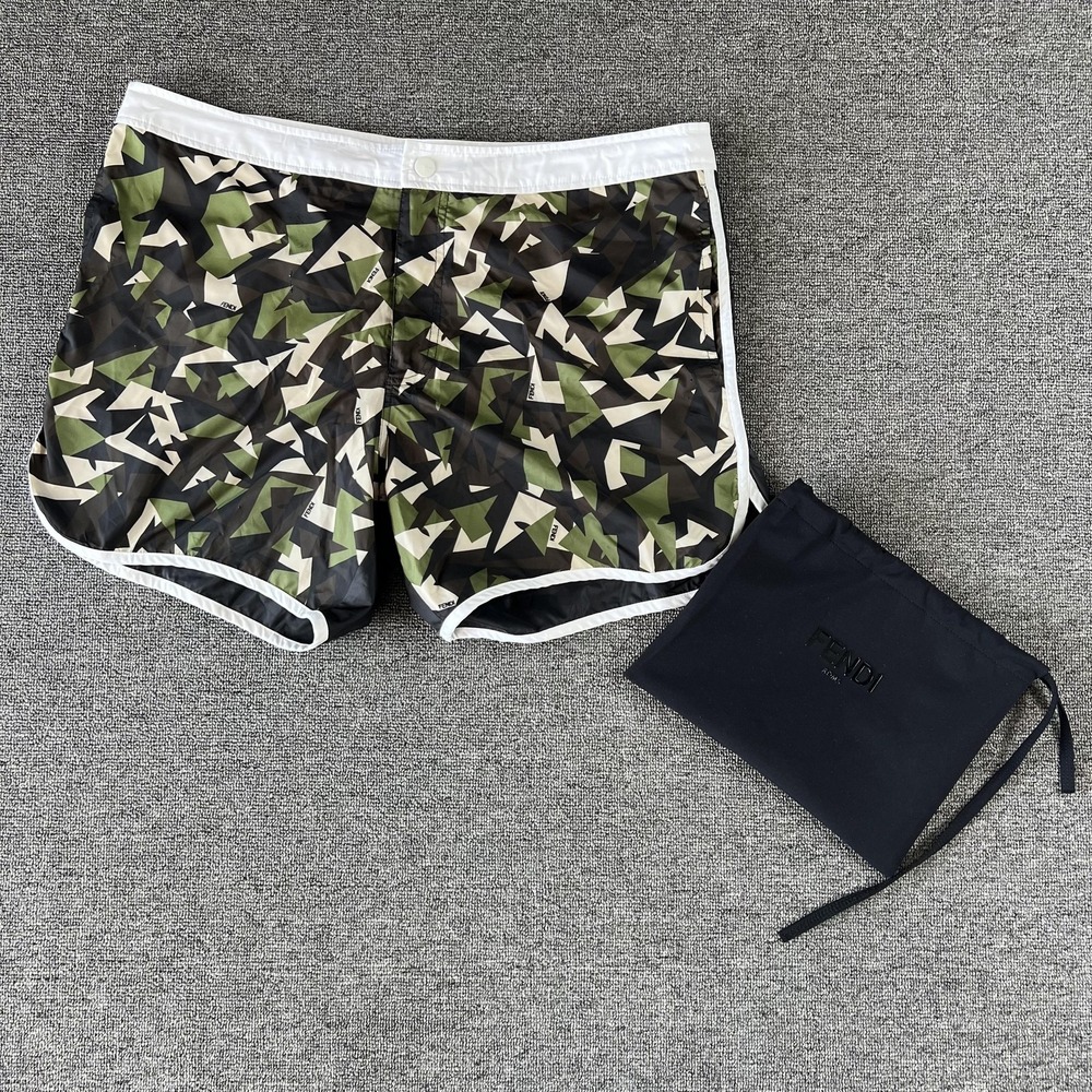 Fendi Swim Trunks Mens IT 50 Multi Camo Logo Print Quick Dry Lined Shorts Italy